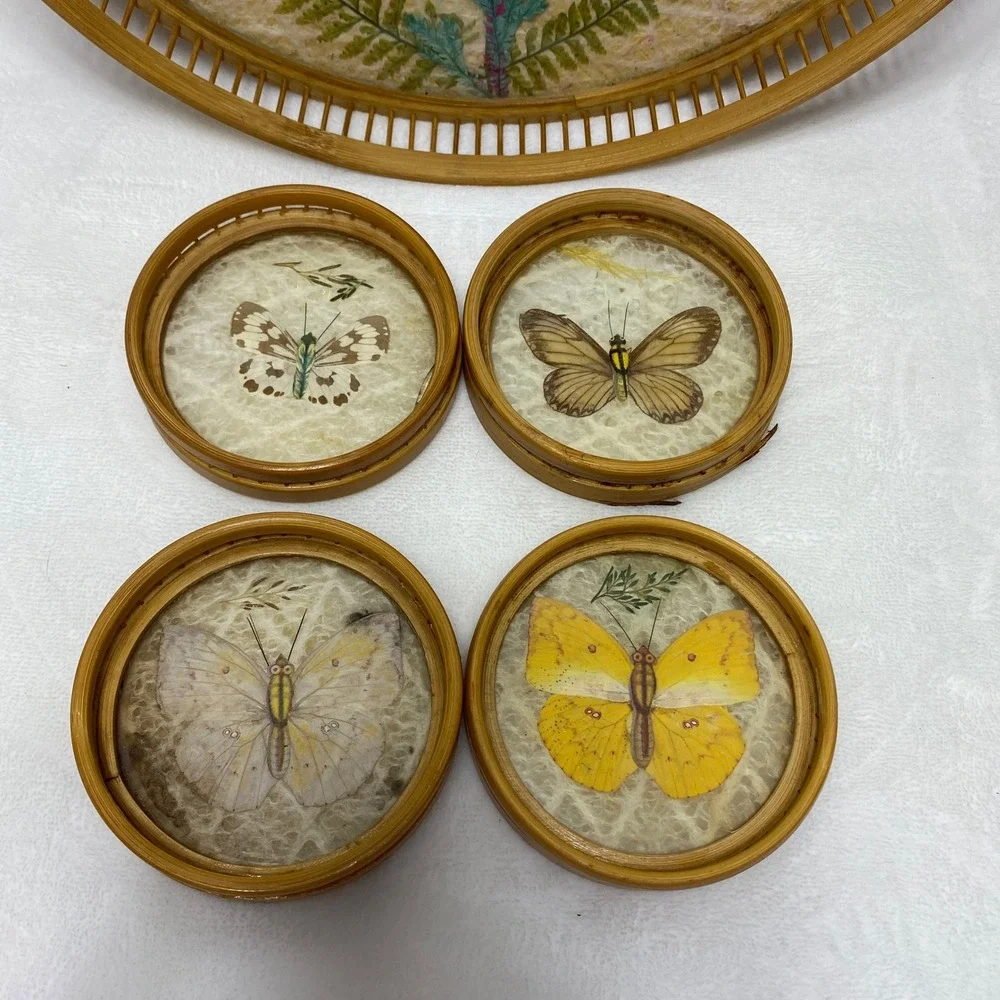 Everglades Vintage Butterfly Bamboo‎ Tray 4 Coasters Set Home Decor Cottagecore